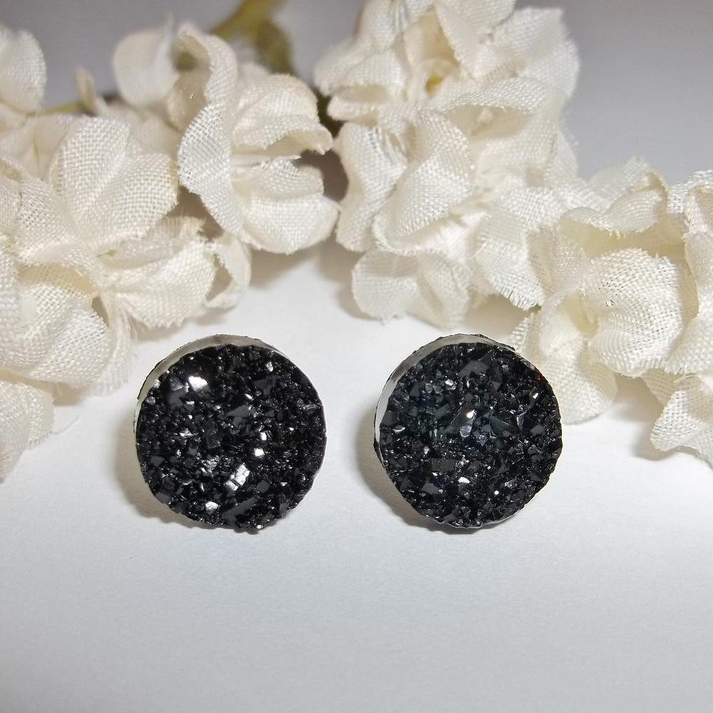12mm Black Earring Druzy Style Dressy Fashion Unisex Style Stud Minimalist 3840 - Picture 4 of 4